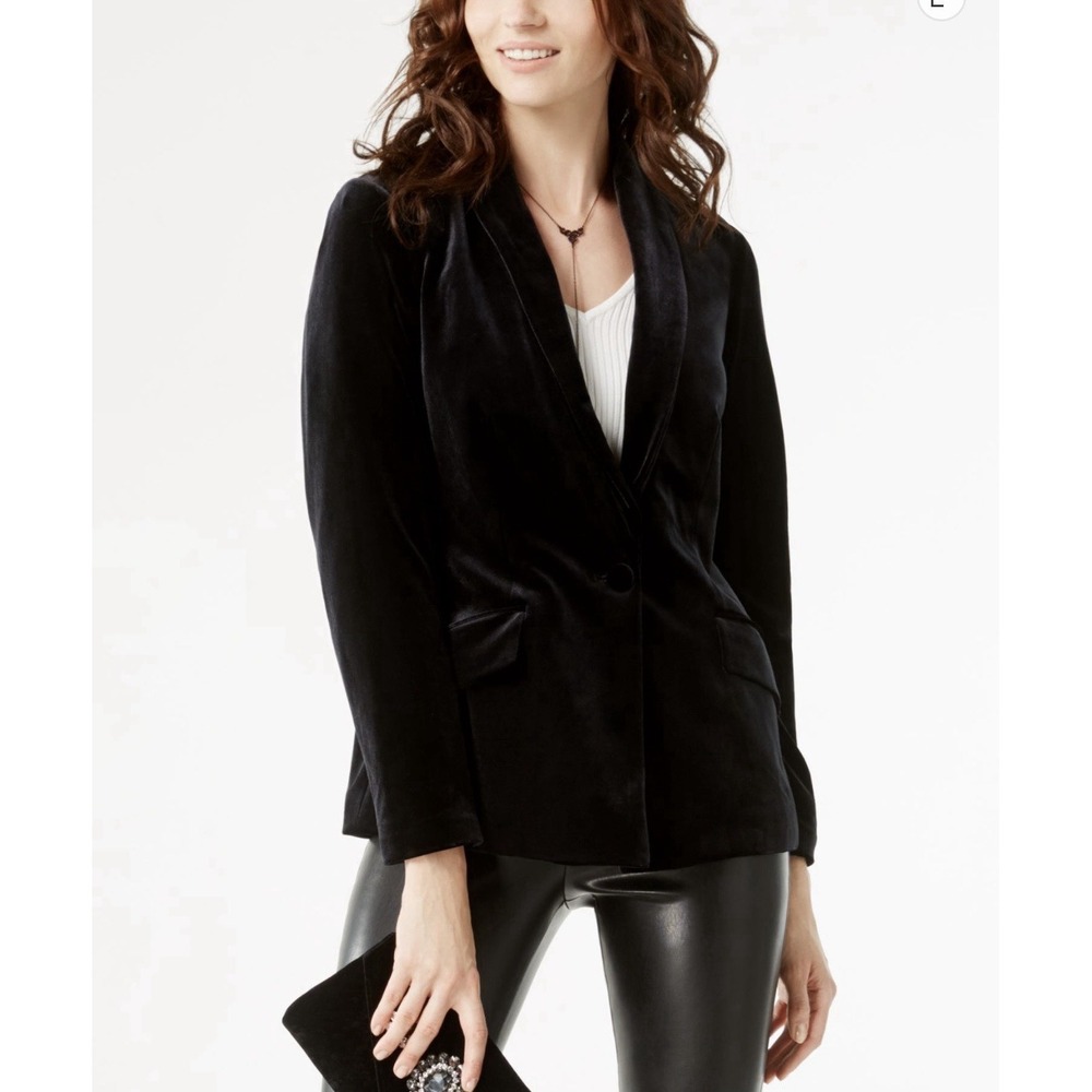 INC Velvet Jacket Blazer Womens L Black Button Mimimalist Neutral Whimsigoth